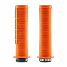 Load image into Gallery viewer, Two orange DMR Gridlock bicycle handlebar grips with 'Gridlock' branding on a white background