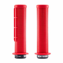 Load image into Gallery viewer, Two Red DMR Gridlock bicycle handlebar grips with 'Gridlock' branding on a white background